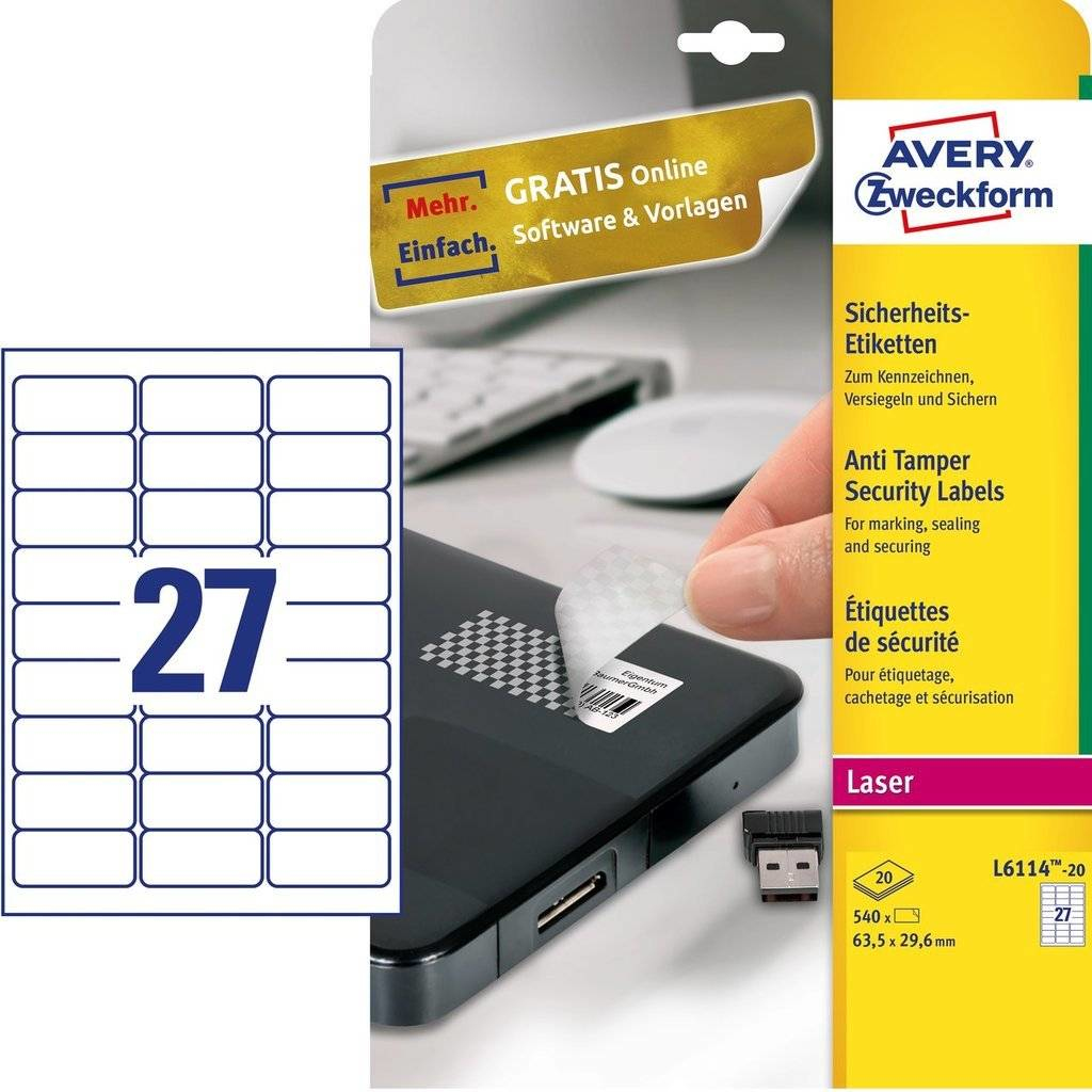 540 AVERY Zweckform Sicherheitsetiketten L6114-20 weiss 63,5 x 29,6 mm