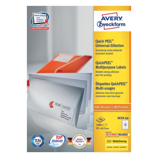 2.640 AVERY Zweckform Etiketten 3659-200 weiÃ 97,0 x 42,3 mm