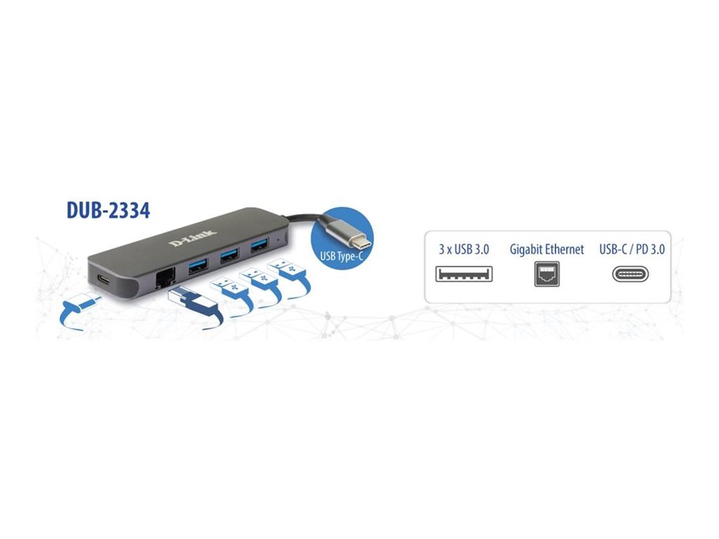 D-LINK DUB-2334 5-in-1 USB-C Hub mit Gigabit-Ethernet/Stromversorgung 3x USB-A 3.0 1x USB-C mit Ladefunktion bis 60W 1x RJ-45