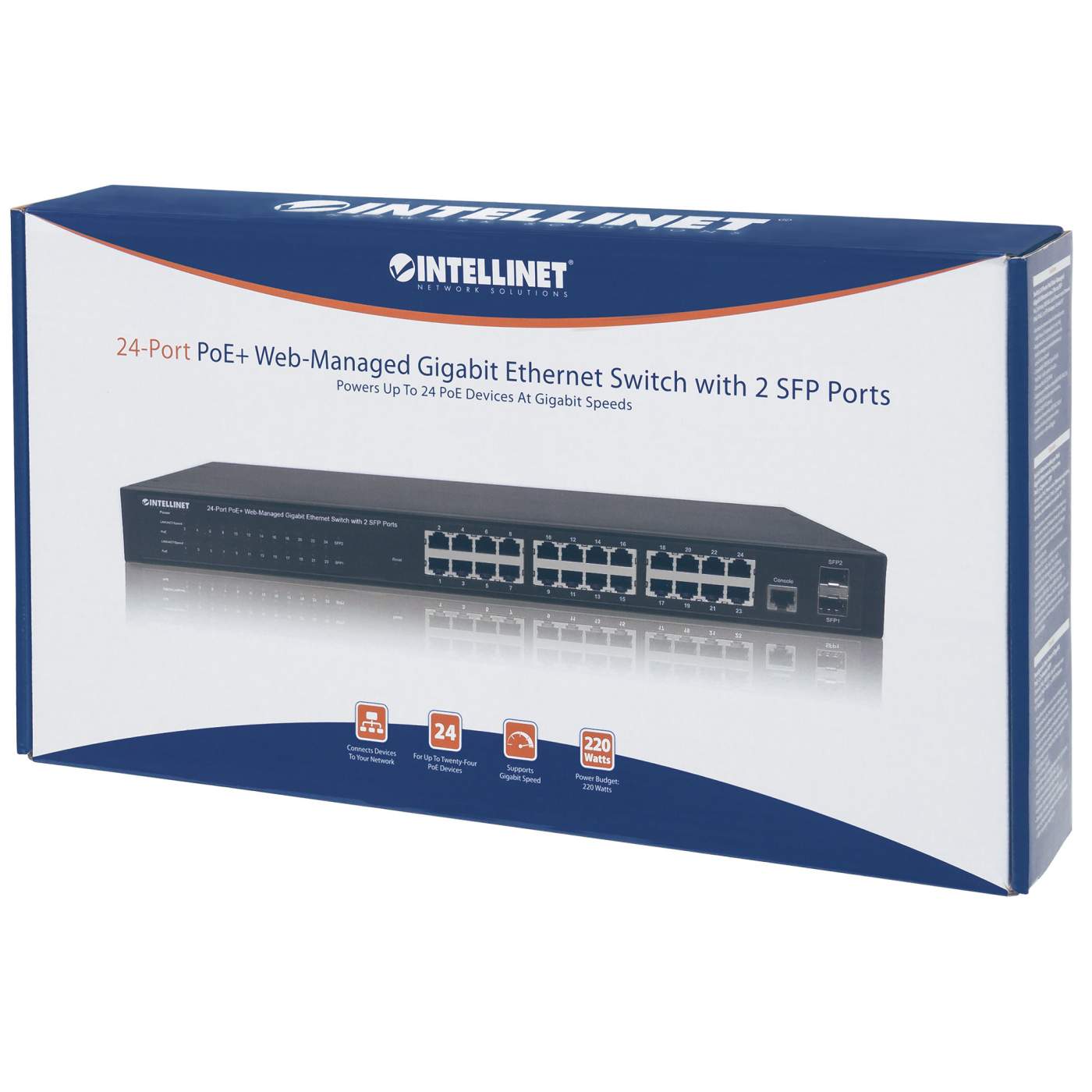 INTELLINET 24Port PoE Gigabit Switch WebManaged 2 GBIC SFP Ports Ausgangsleistung bis zu 30 Watt pro Port PoE IEEE 8023ataf