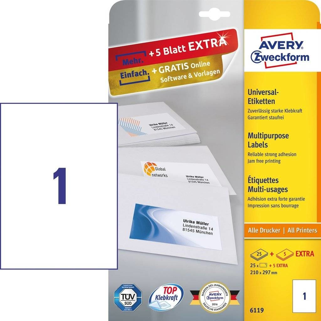 30 AVERY Zweckform Etiketten 6119 weiss 210,0 x 297,0 mm
