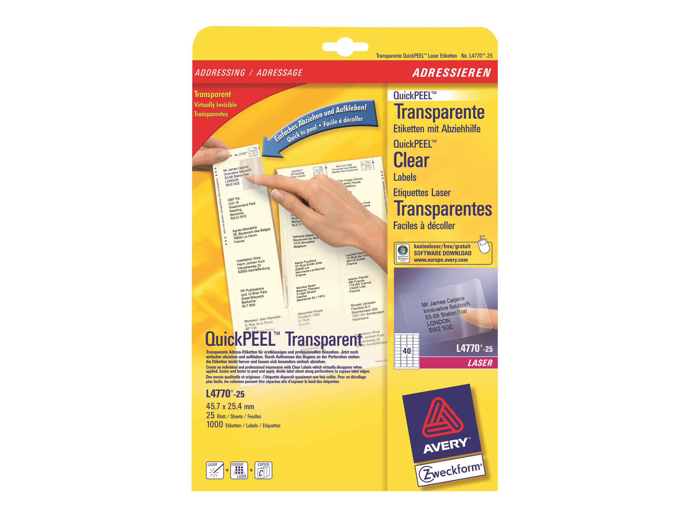 1.000 AVERY Zweckform Folien-Adressetiketten L4770-25 transparent 45,7 x 25,4 mm 1.000 AVERY Zweckform Folien-Adressetiketten L4770-25 transparent 45,7 x 25,4 mm