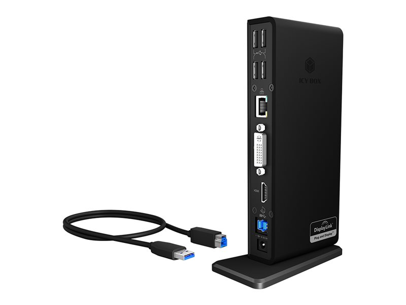 ICY BOX USB 3.0 Dual Docking Station IB-DK2241AC 1x DVI 1x HDMI 2048x1152 Px Gigabit LAN 2x USB 3.0 4x USB 2.0 Hub Audio 1xUSB BC1.2