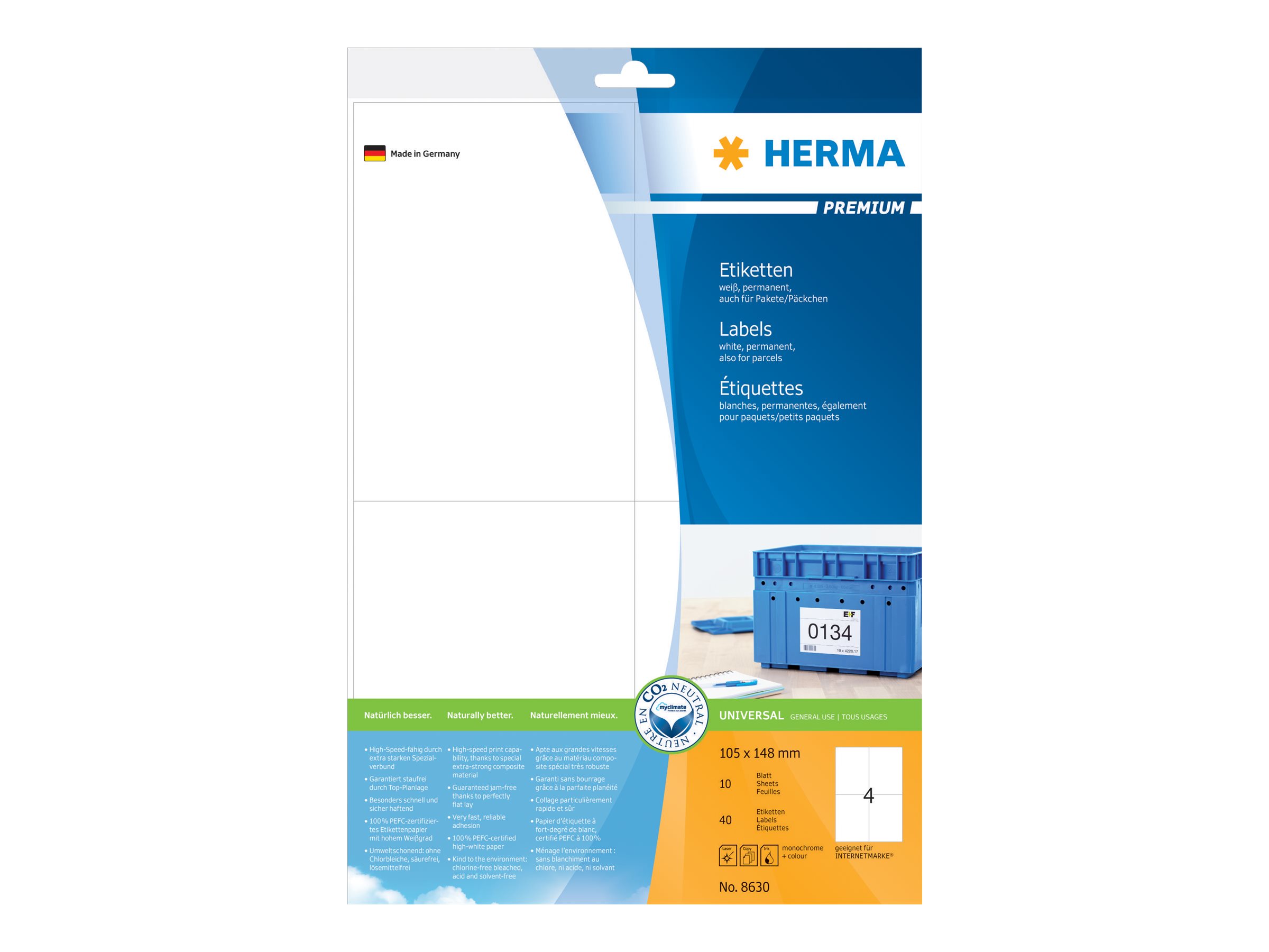 40 HERMA Etiketten 8630 weiss 105,0 x 148,0 mm 40 HERMA Etiketten 8630 weiss 105,0 x 148,0 mm
