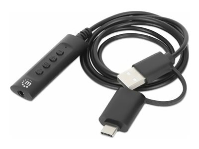 MANHATTAN 2-in-1 Adapterkabel USB-C und USB-A auf 3,5mm Klinke Stecker/Buchse Mikrofon- und Audio Lautstärkeregler 1m Kabel schwarz