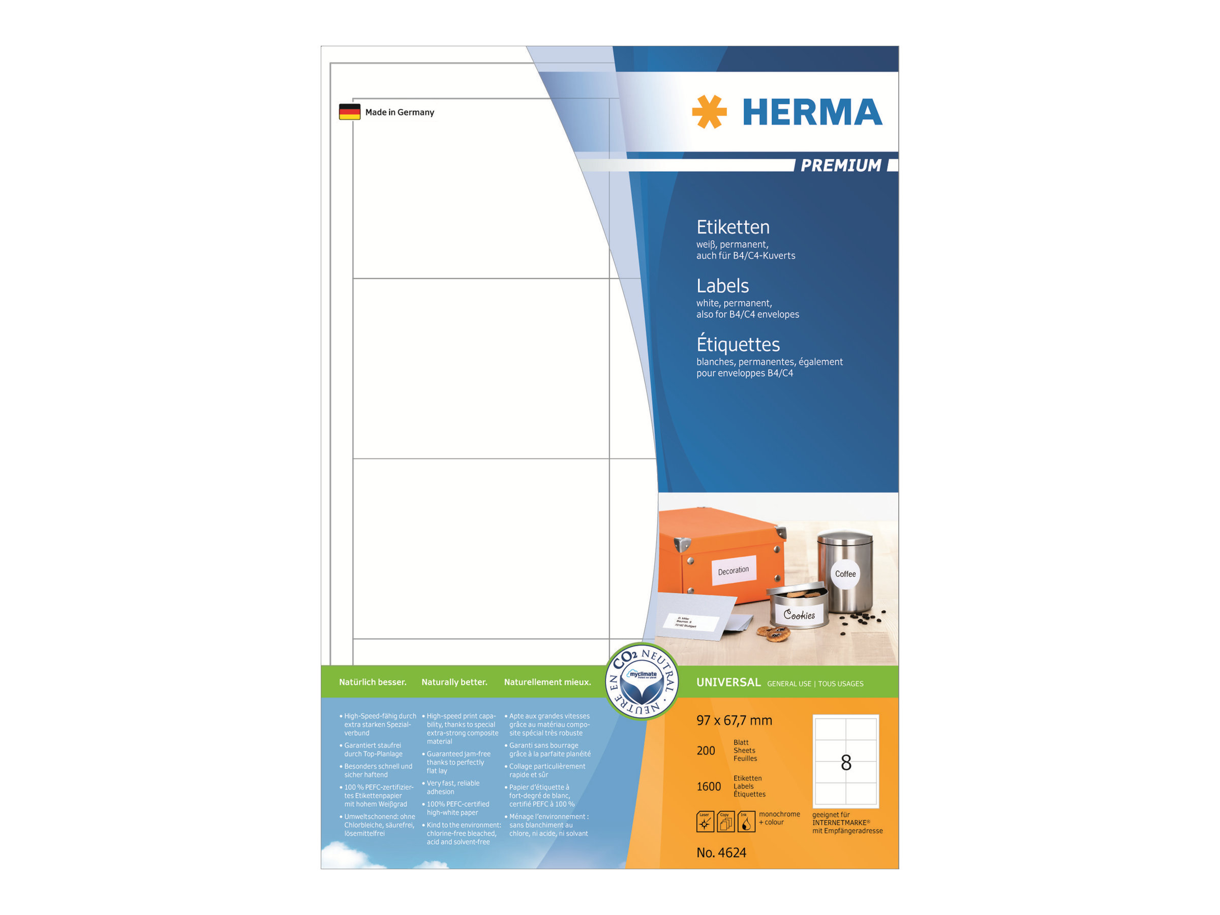 1.600 HERMA Etiketten 4624 weiÃ 97,0 x 67,7 mm