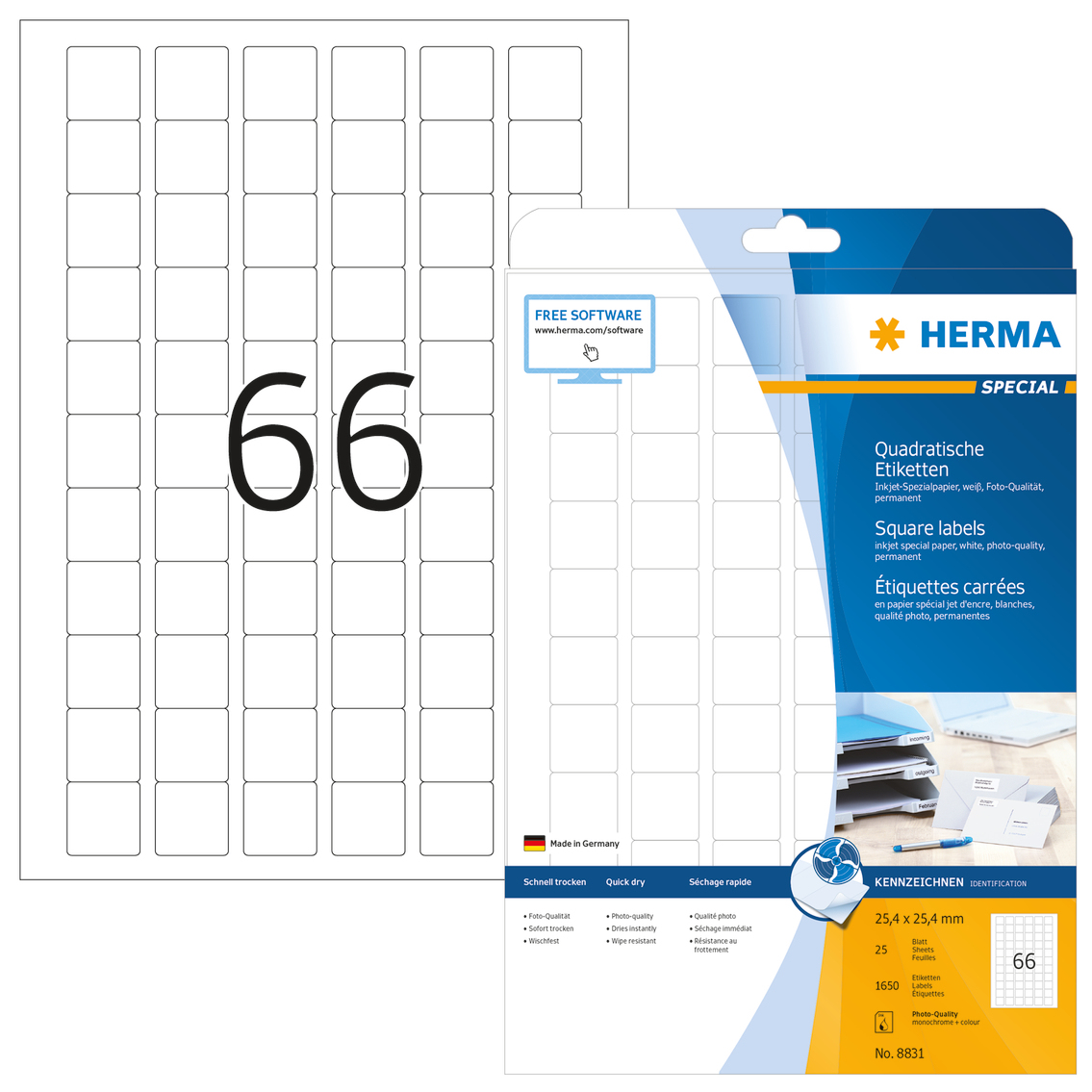 1.650 HERMA Etiketten 8831 weiÃ 25,4 x 25,4 mm