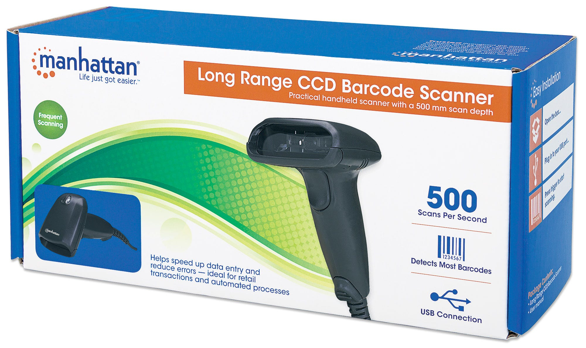 MANHATTAN Long Range CCD Barcode Scanner USB 200 mm Scanreichweite Lichtquelle LED