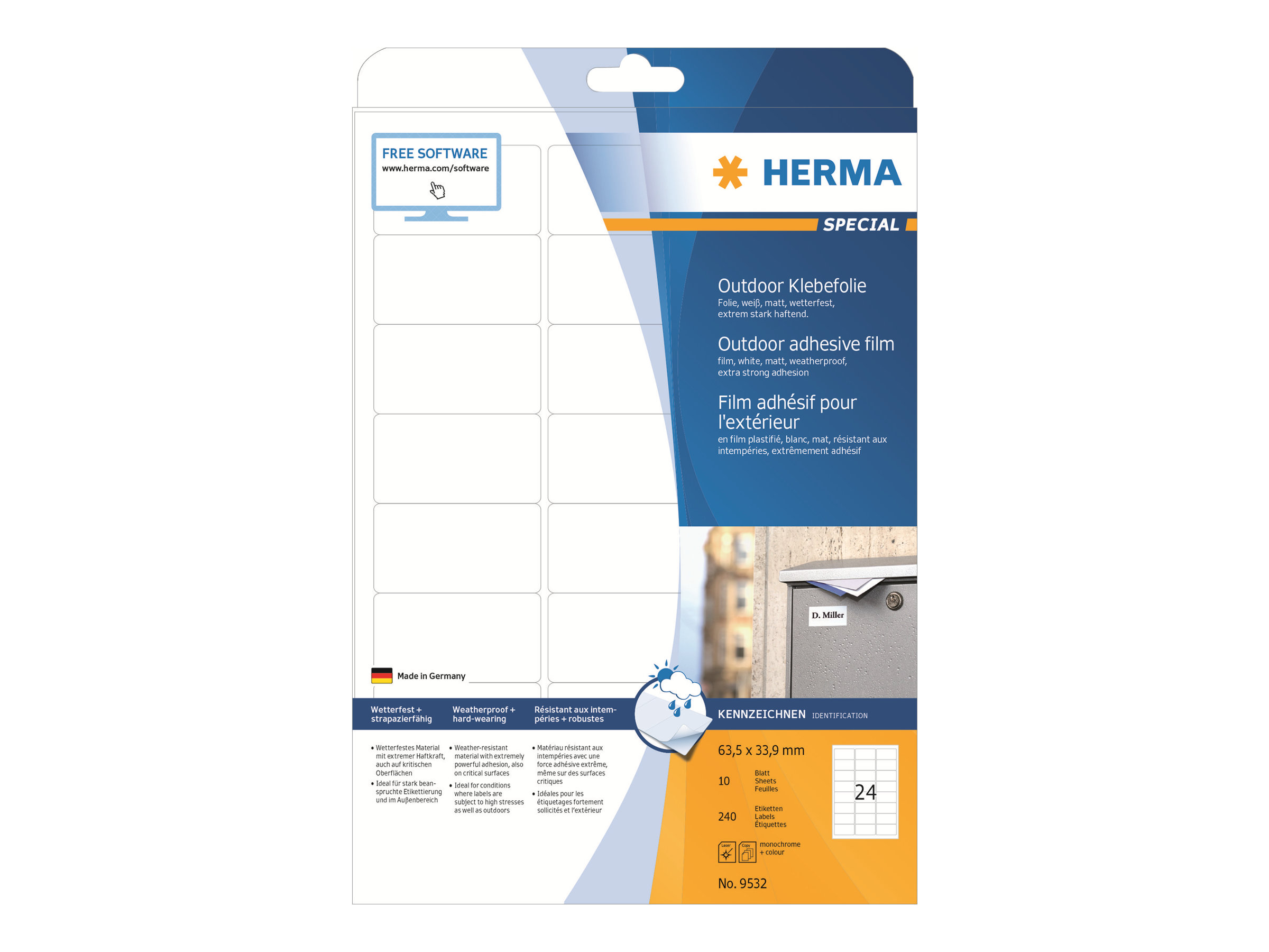 HERMA FolienKraftklebeEtiketten 9532 weiß 63,5 x 33,9 mm, 10 Blatt