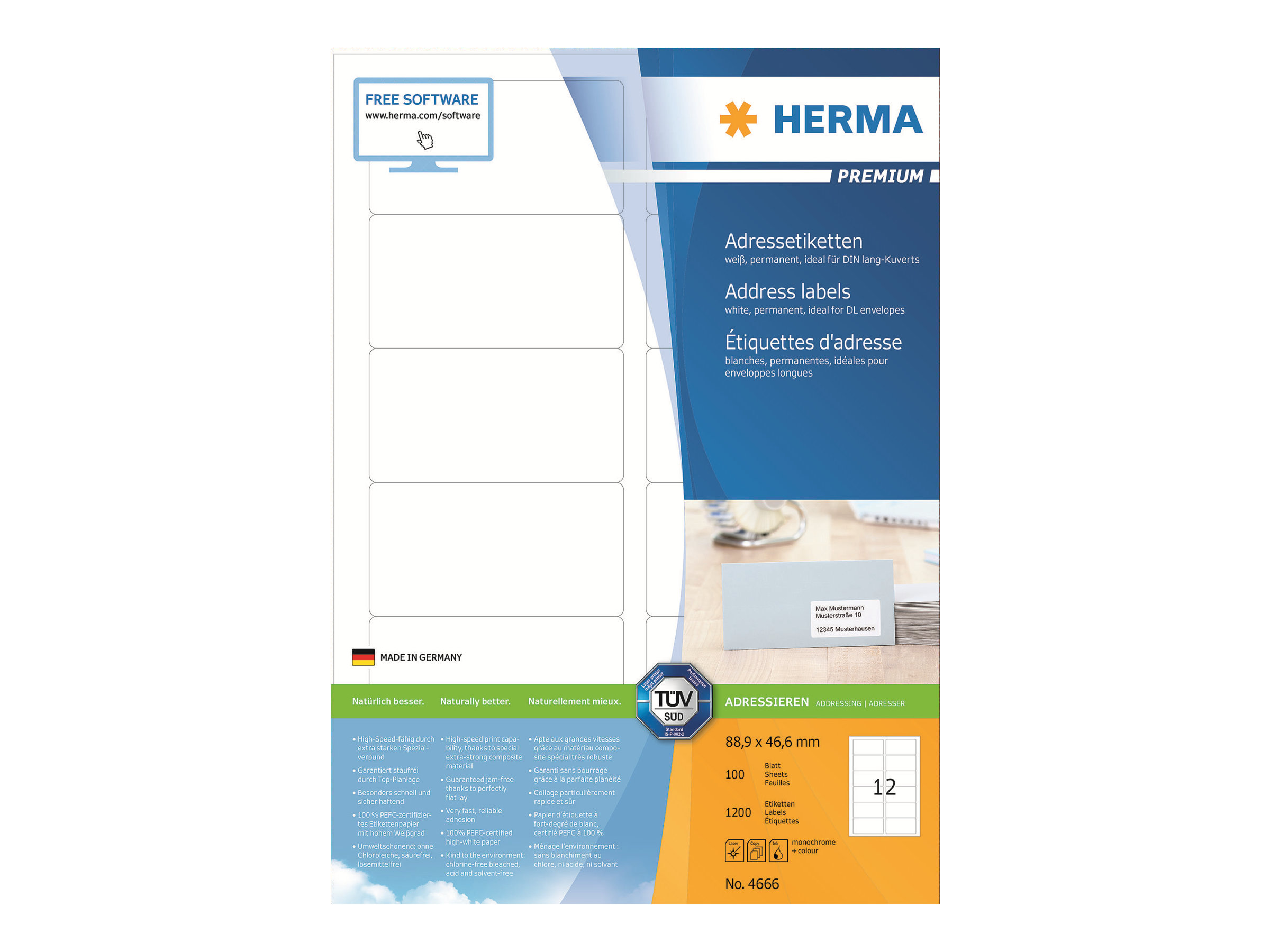 1.200 HERMA Etiketten 4666 weiß 88,9 x 46,6 mm