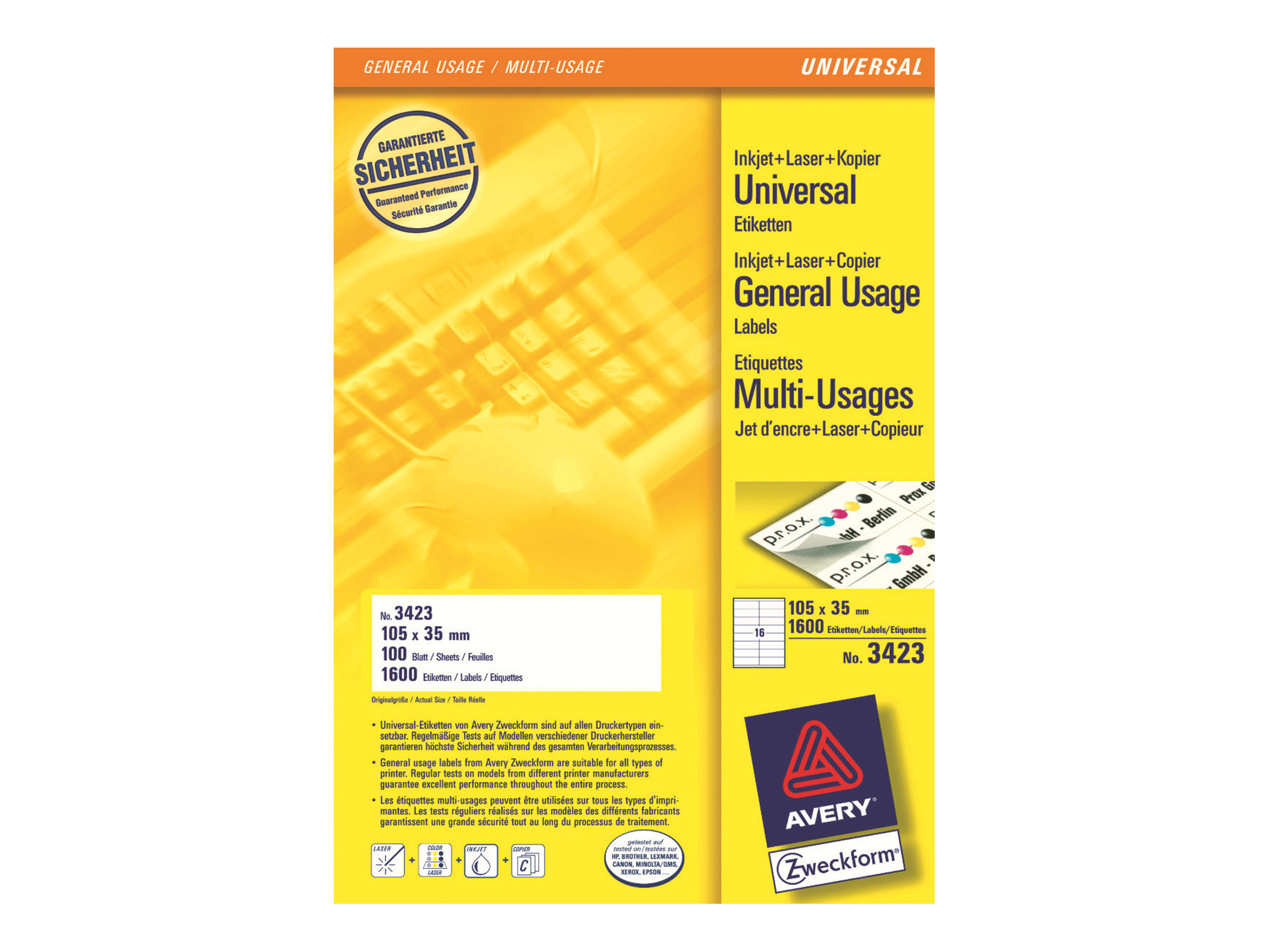 1.600 AVERY Zweckform Etiketten 3423 weiss 105,0 x 35,0 mm 1.600 AVERY Zweckform Etiketten 3423 weiss 105,0 x 35,0 mm