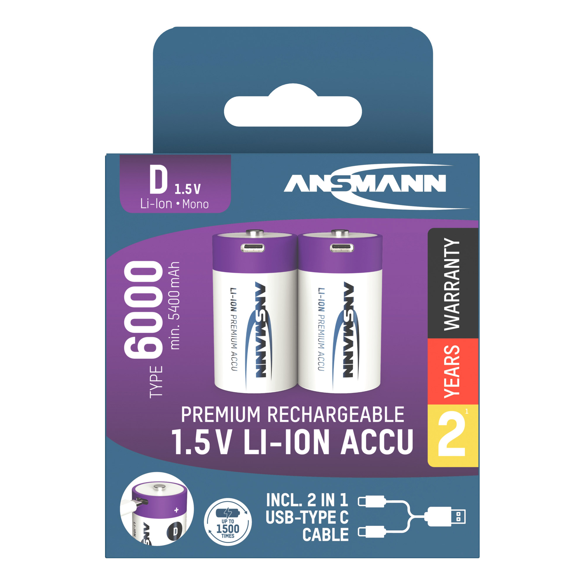 2 ANSMANN USB-Akkus mit Ladekabel 6000 Mono D 5.400 mAh