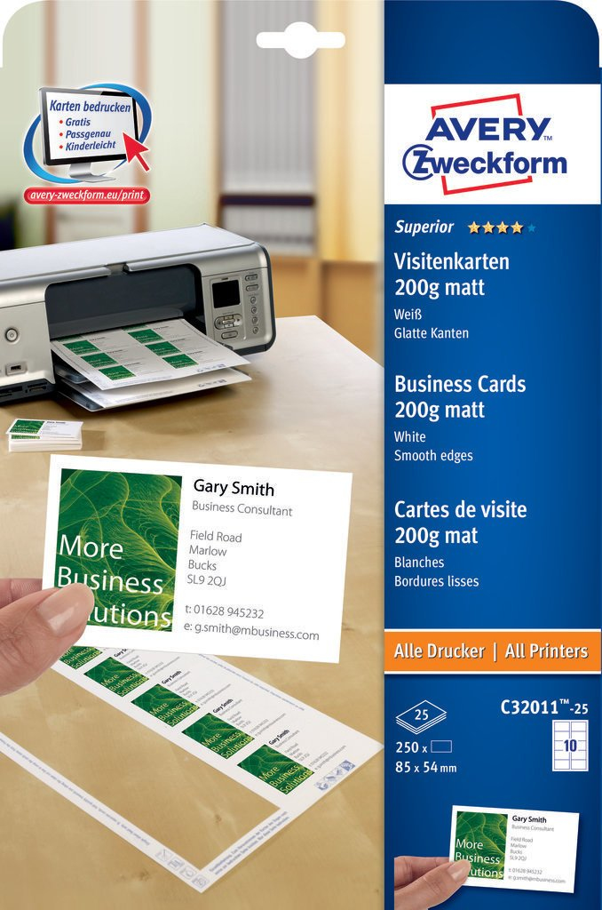 AVERY Zweckform Visitenkarten C3201125 matt weiss 200 gqm, 250 St