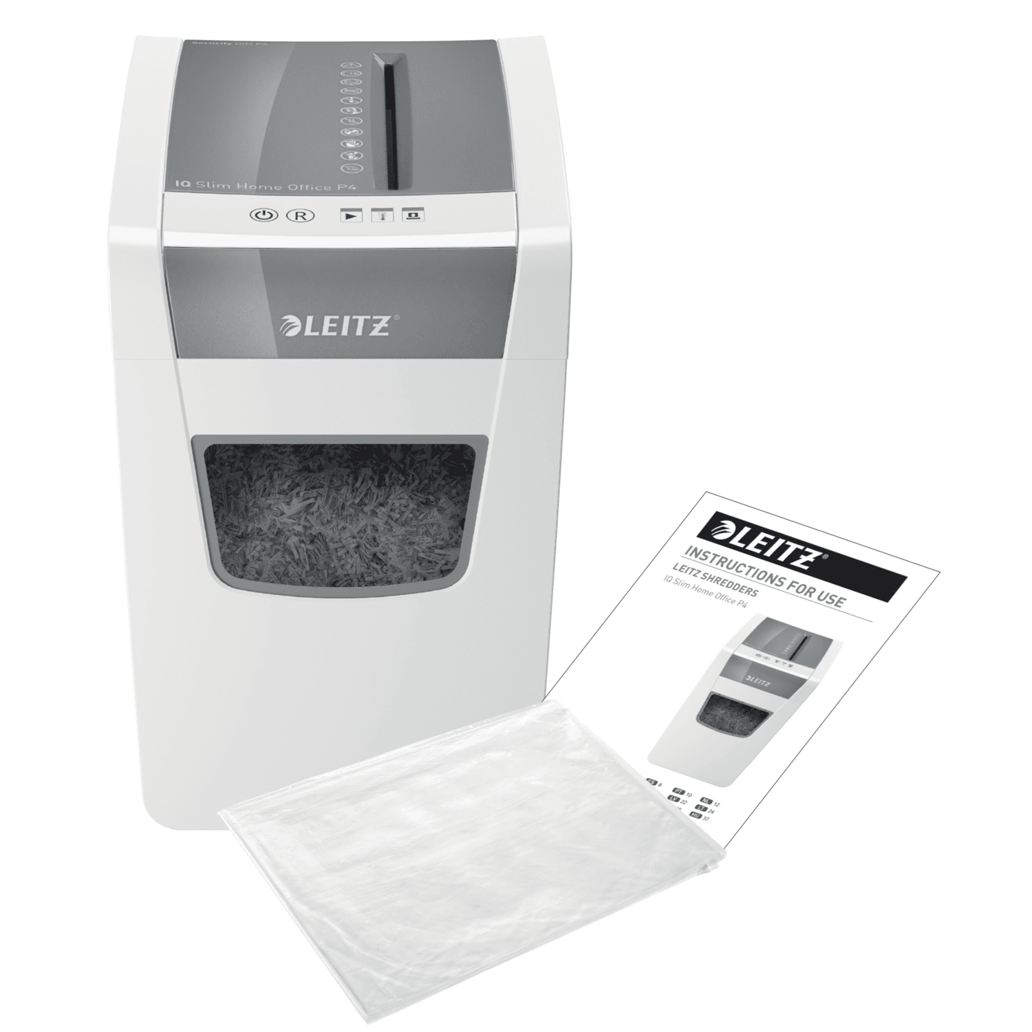 LEITZ IQ Home Office Slim Aktenvernichter mit Partikelschnitt P4, 4 x 28 mm, bis 10 Blatt, weiß