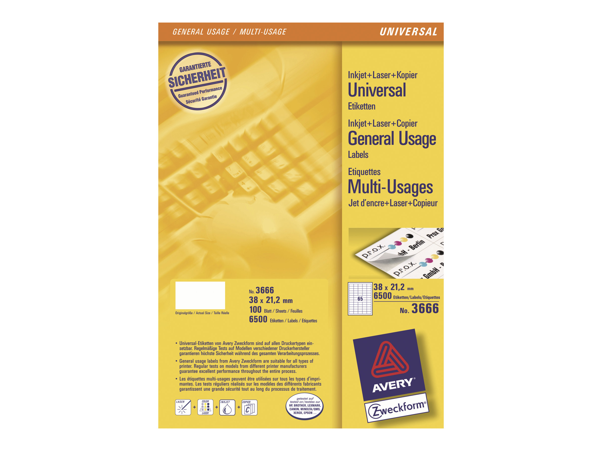 6500 AVERY Zweckform Etiketten 3666 weiss 38,0 x 21,2 mm