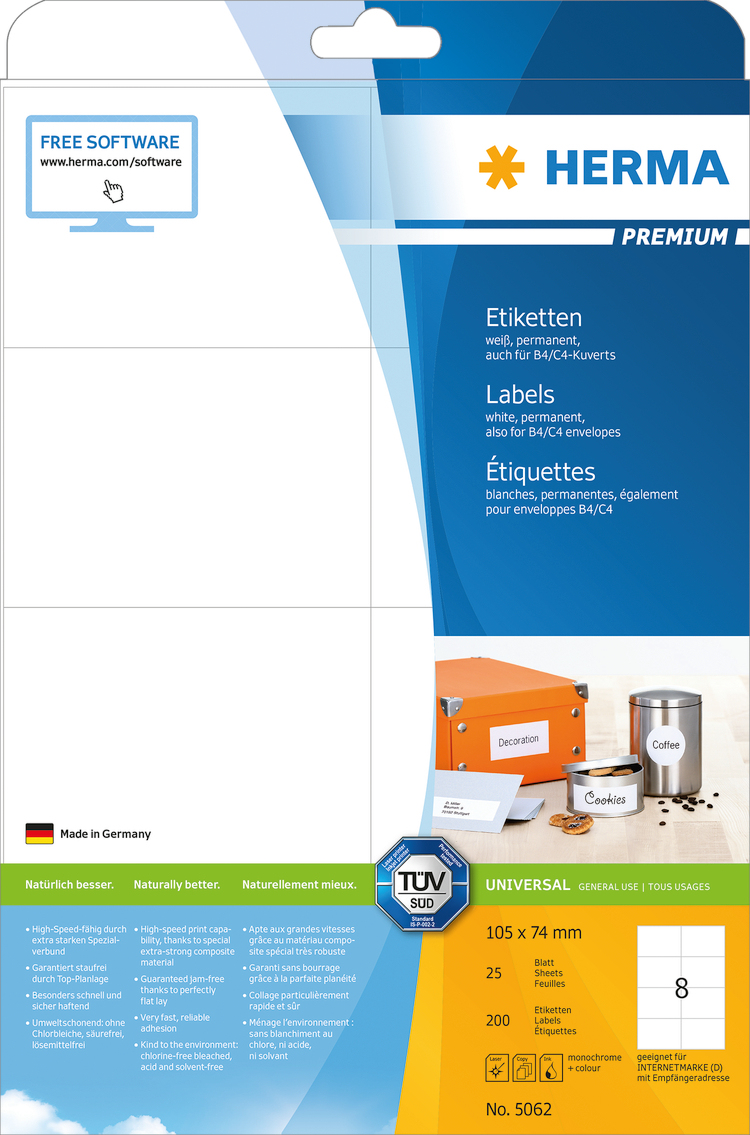 200 HERMA Etiketten 5062 weiss 105,0 x 74,0 mm