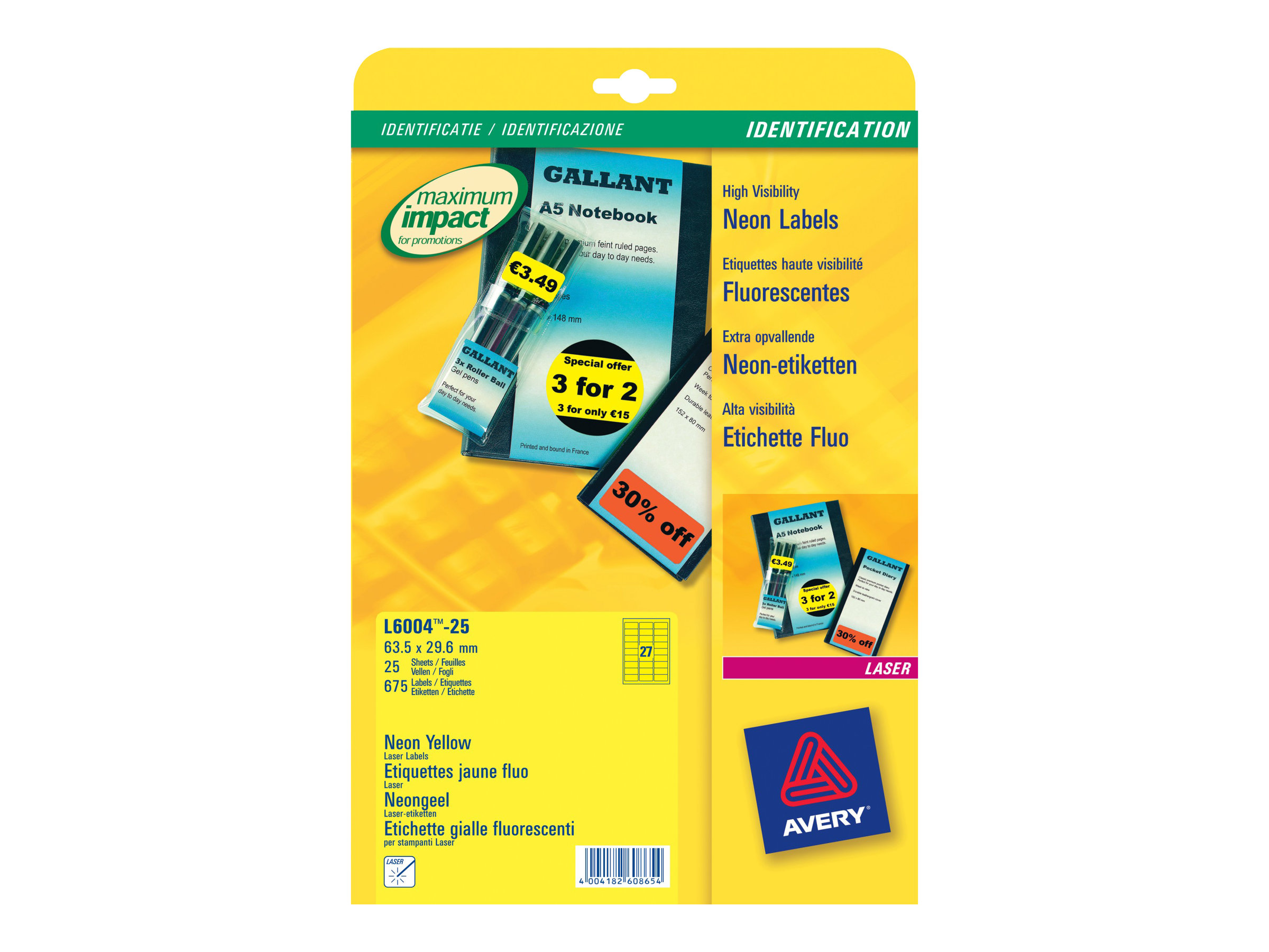 675 AVERY Zweckform Etiketten L6004-25 gelb 63,5 x 29,6 mm 675 AVERY Zweckform Etiketten L6004-25 gelb 63,5 x 29,6 mm