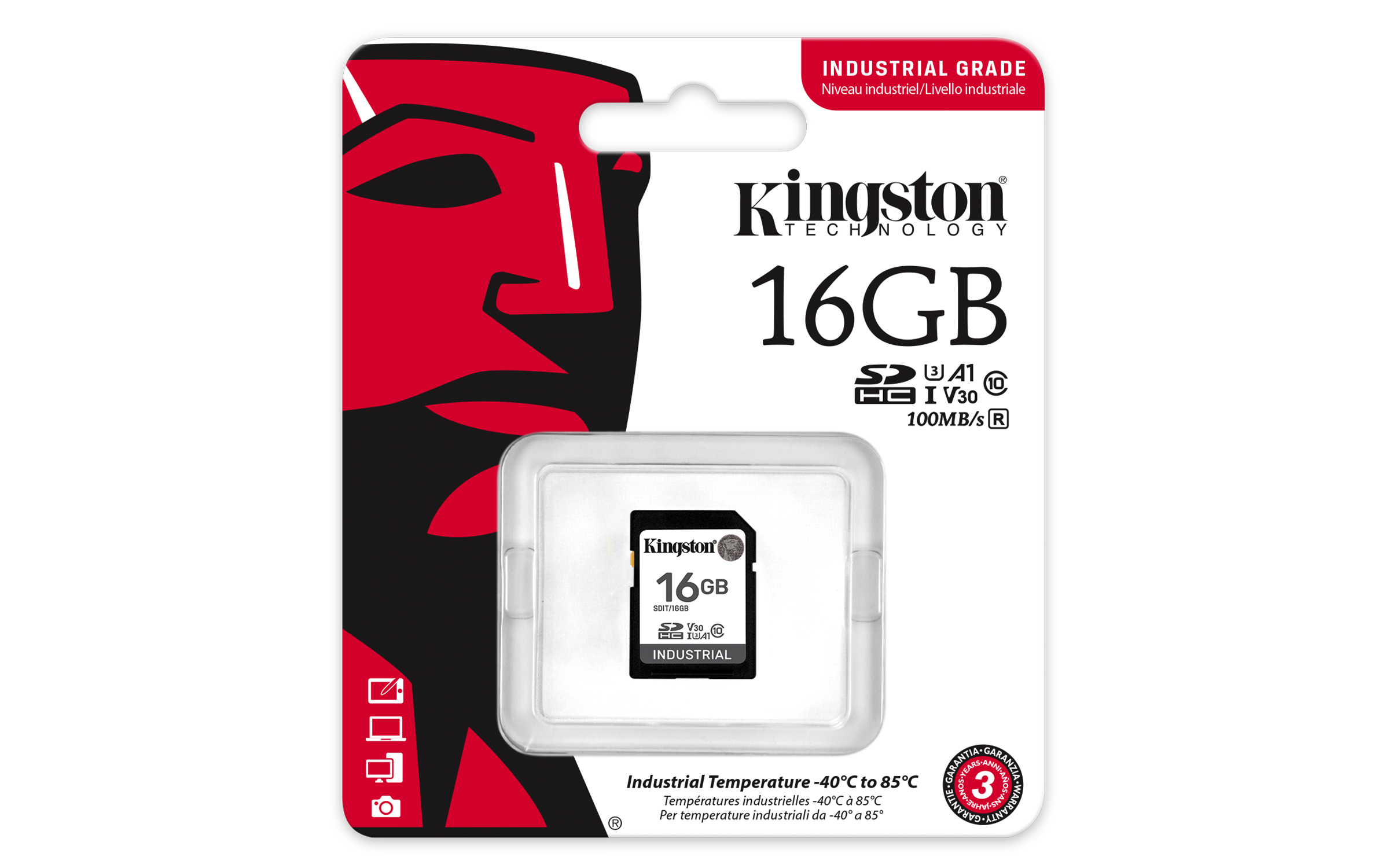KINGSTON 16GB SDHC Industrial 40C to 85C C10 UHSI U3 V30 A1 pSLC