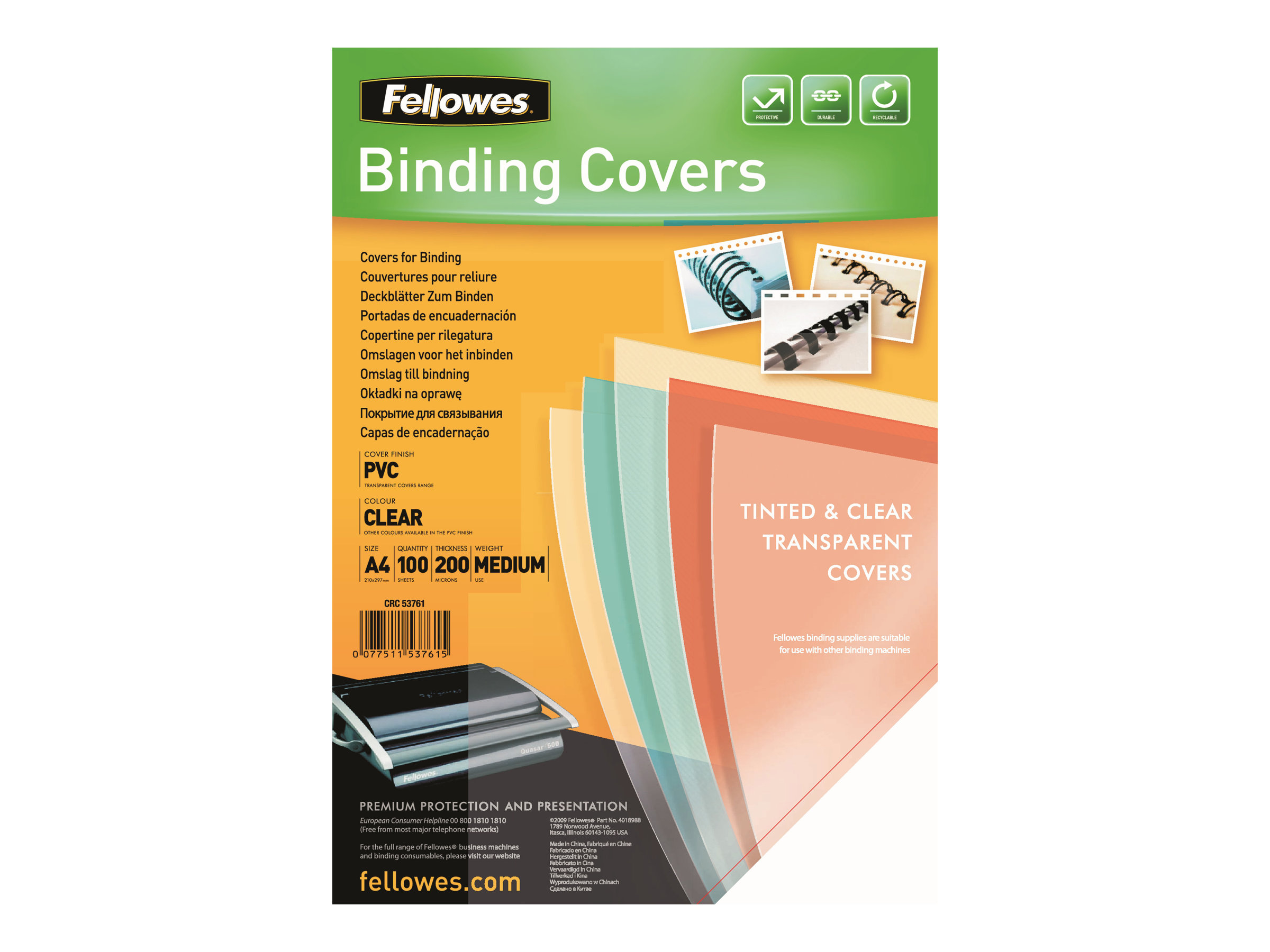Fellowes Deckfolien fuer Bindemappen transparent, DIN A4 0,2 mm, 100 St