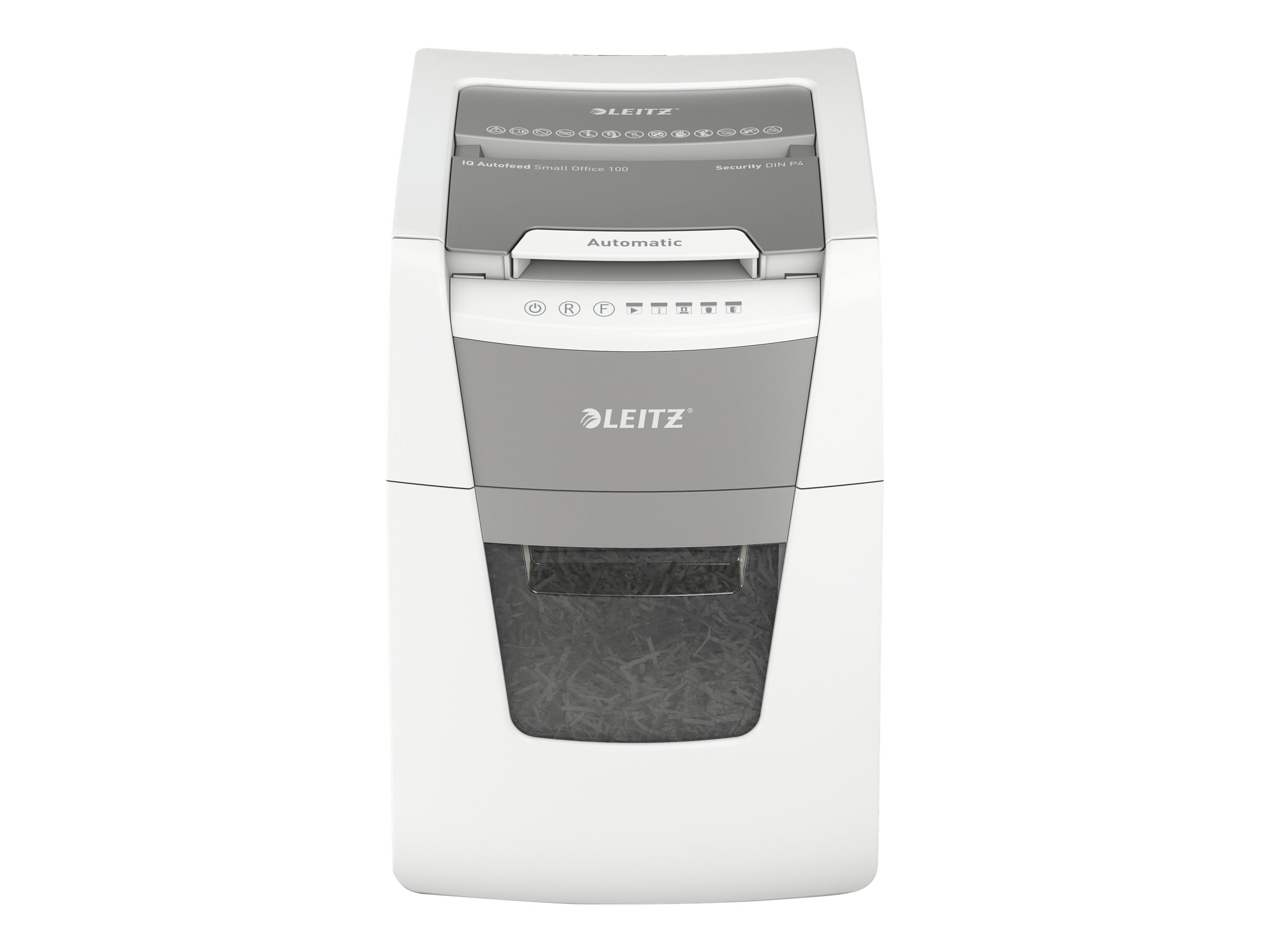 LEITZ IQ Autofeed Small Office 100 Aktenvernichter mit Partikelschnitt P-4, 4 x 28 mm, bis 100 Blatt, weiss