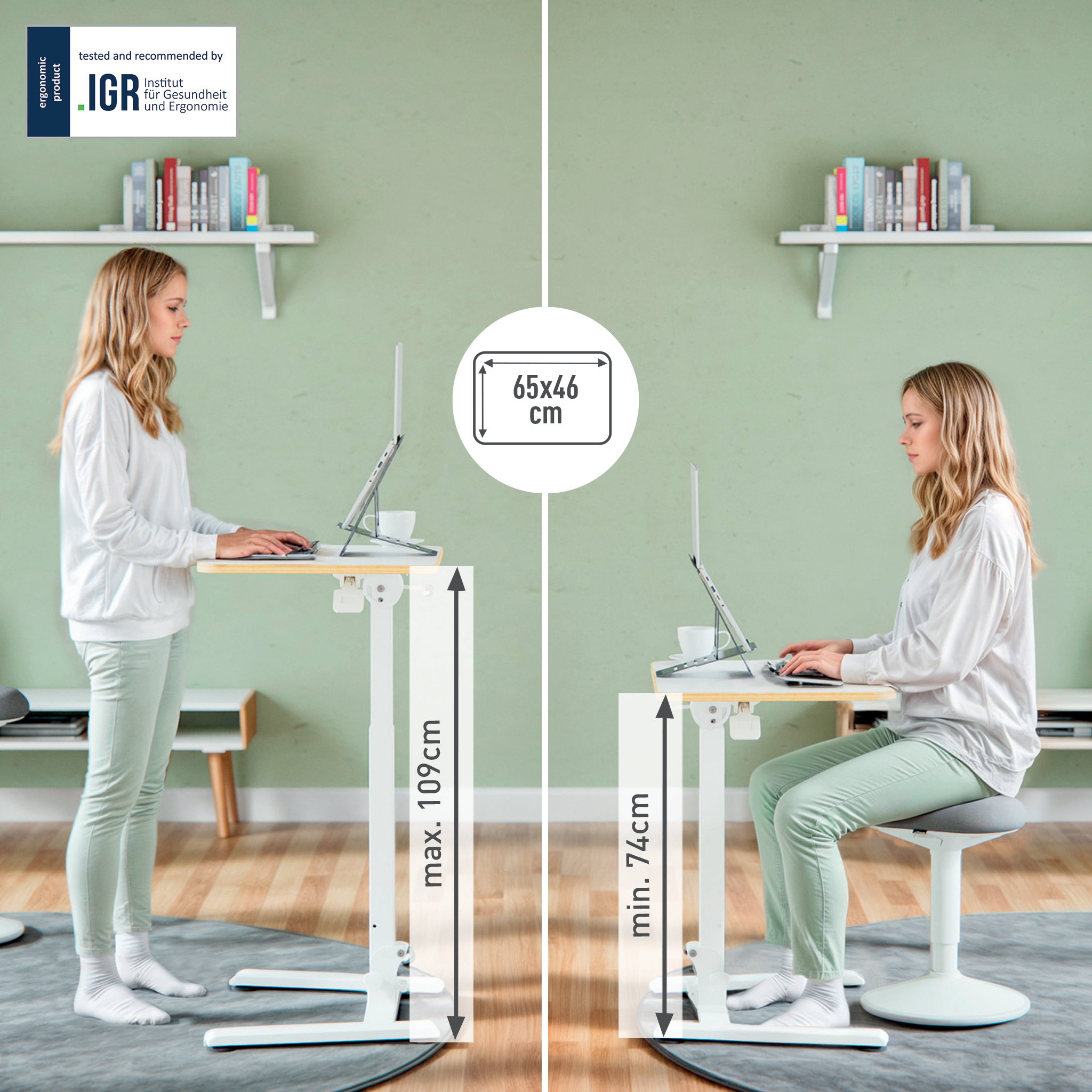 LEITZ Ergo Compact hOehenverstellbarer Schreibtisch weiss rechteckig, AFussGestell weiss 65,0 x 46,0 cm