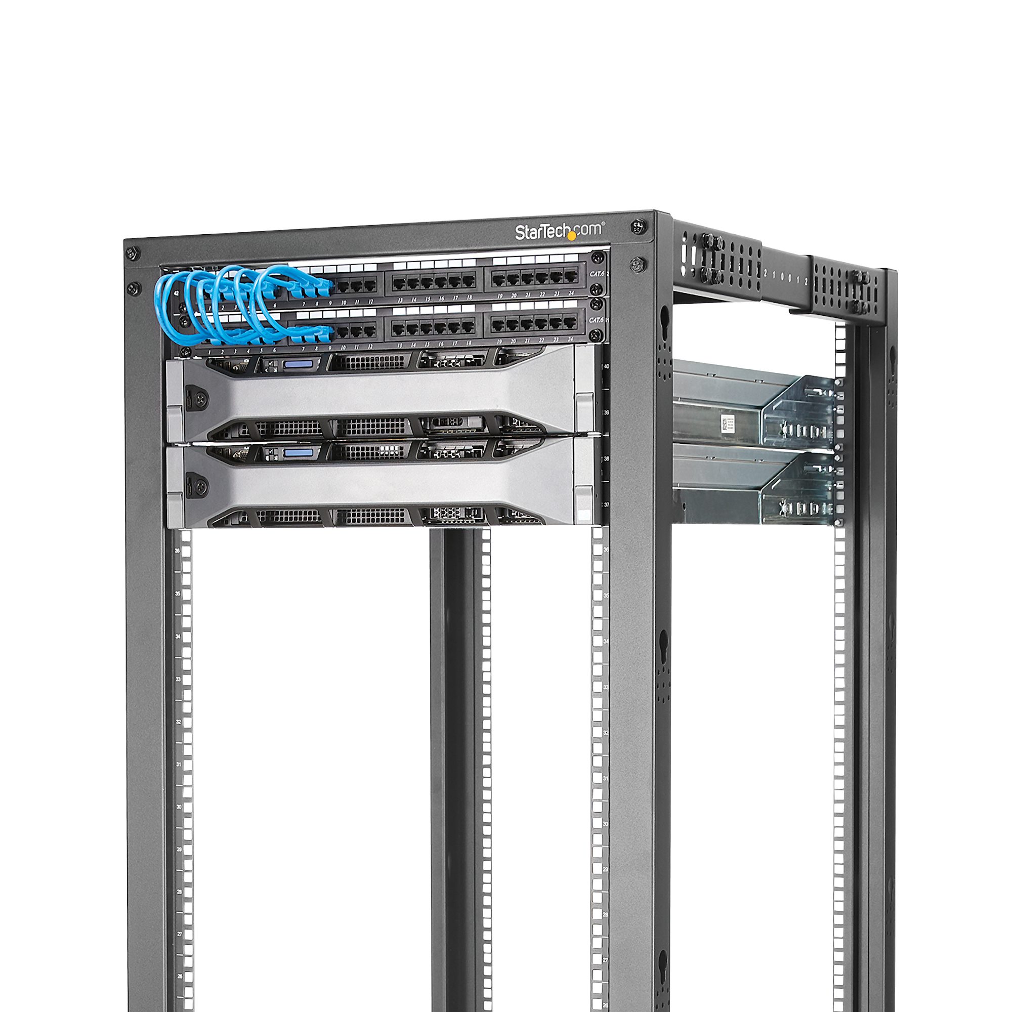 STARTECHCOM 18U Open Frame Rack 4 Post 2240in Adjustable Depth 1200lb Weight Capacity w Casters and Cable Hooks