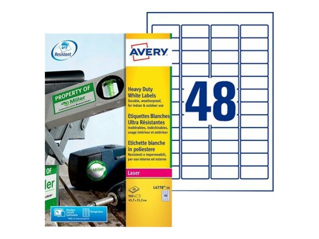 960 AVERY Zweckform wetterfeste Folienetiketten L4778-20 weiss 45,7 x 21,2 mm 960 AVERY Zweckform wetterfeste Folienetiketten L4778-20 weiss 45,7 x 21,2 mm