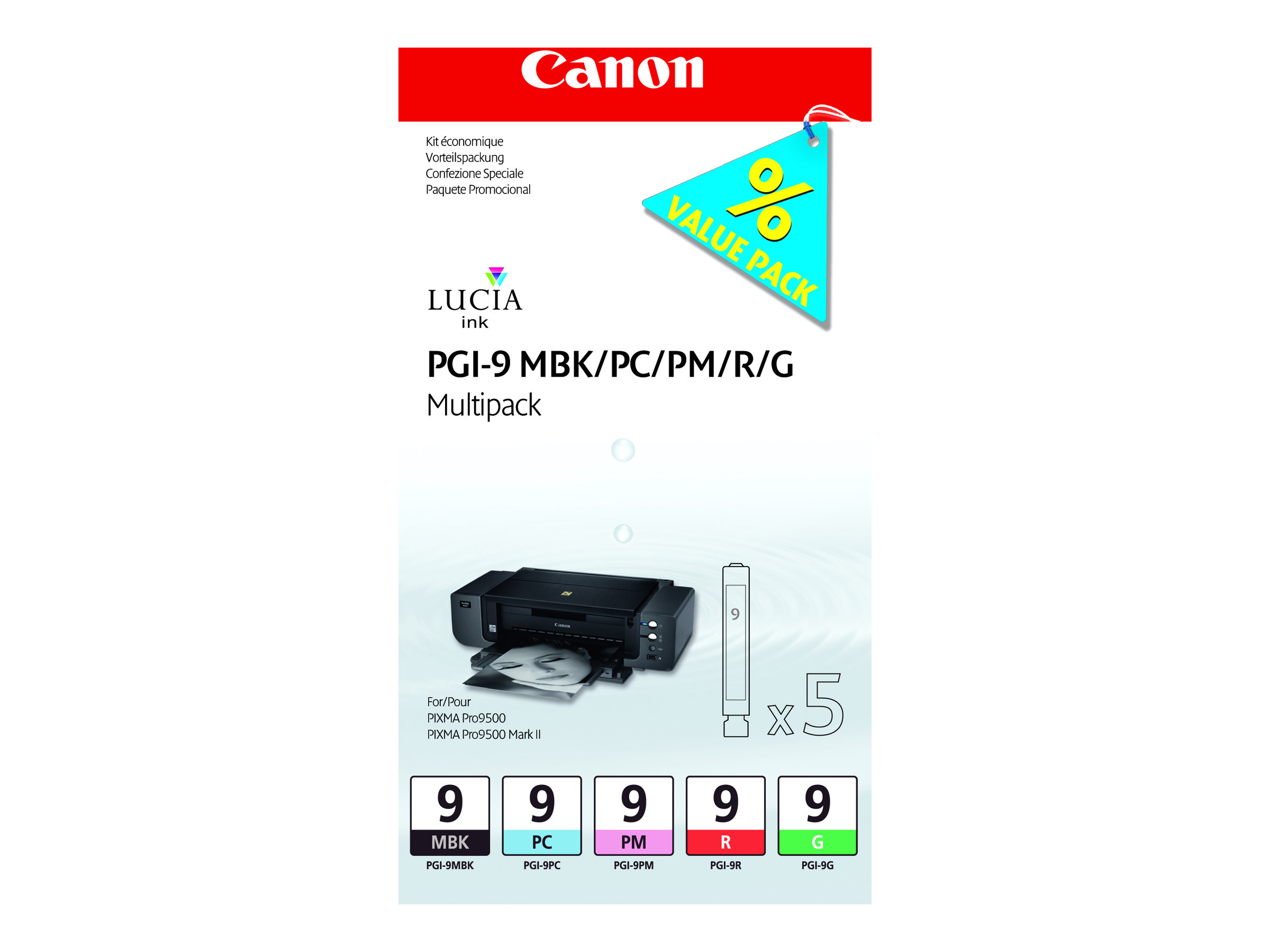 CANON PGI-9 MBK, PC, PM, R, G Tinte schwarz und vier Farben Standardkapazität combopack blister mit Alarm