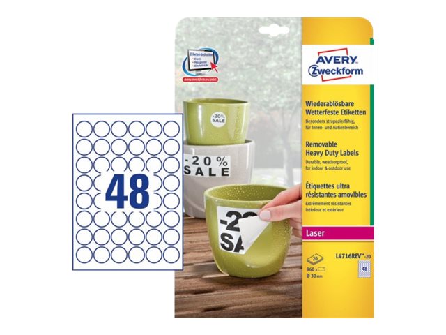 960 AVERY Zweckform wetterfeste Folienetiketten L4716REV-20 weiss 30,0 x 30,0 mm 960 AVERY Zweckform wetterfeste Folienetiketten L4716REV-20 weiss 30,0 x 30,0 mm