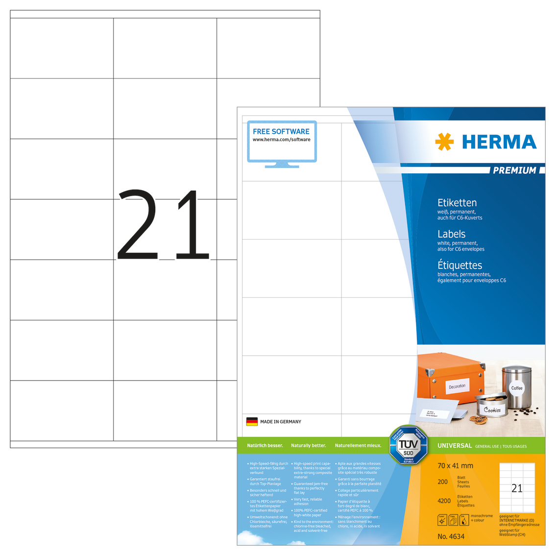 4.200 HERMA Etiketten 4634 weiss 70,0 x 41,0 mm