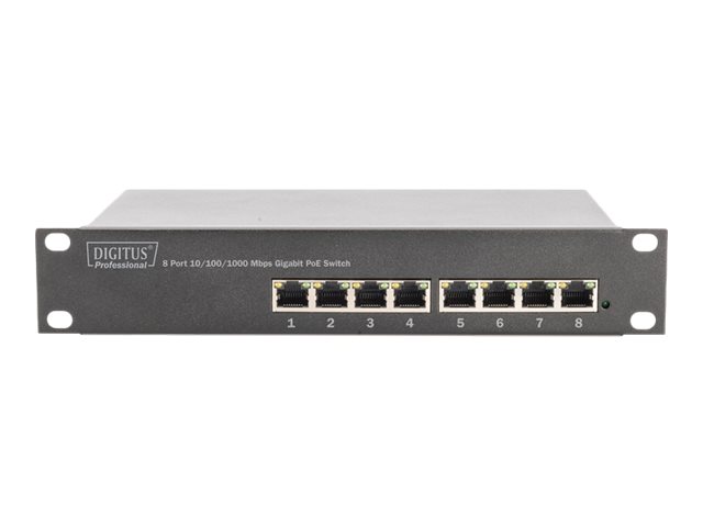 DIGITUS 25,4cm 10Zoll 8-Port Gigabit Ethernet PoE switch 8 x 10/100/1000Mbps RJ45 PoE 96W inkl. 10Zoll Winkel