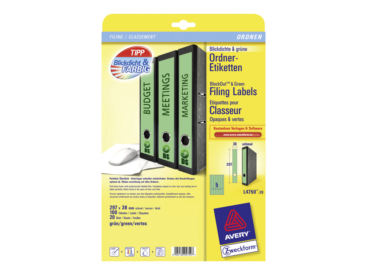 100 AVERY Zweckform Ordneretiketten L4750-20 grÃ¼n
