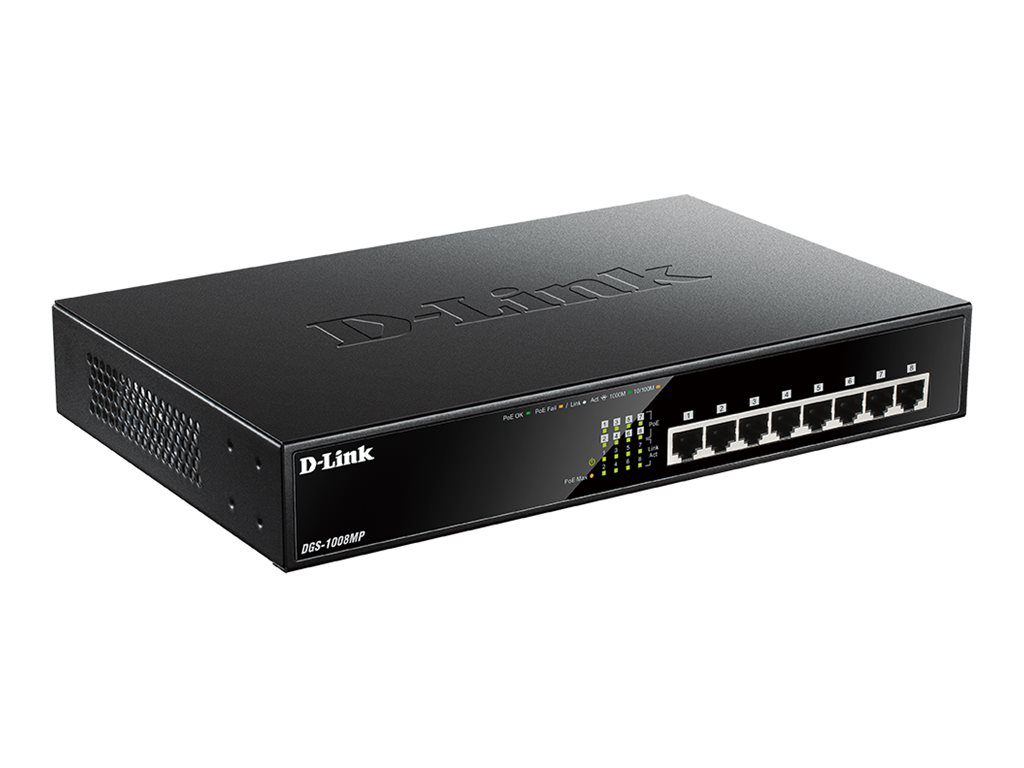 D-LINK DGS-1008MP 8?Port Desktop Gigabit Max PoE Switch 140W PoE Kapazitaet Plug & Play luefterlos Metallgehaeuse