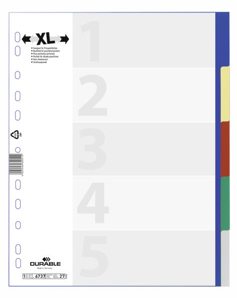 DURABLE Ordnerregister Vollformat, ueberbreite blanko blau, gelb, rot, gruen, grau 5-teilig, 1 Satz DURABLE Ordnerregister Vollformat, ueberbreite blanko blau, gelb, rot, gruen, grau 5-teilig, 1 Satz