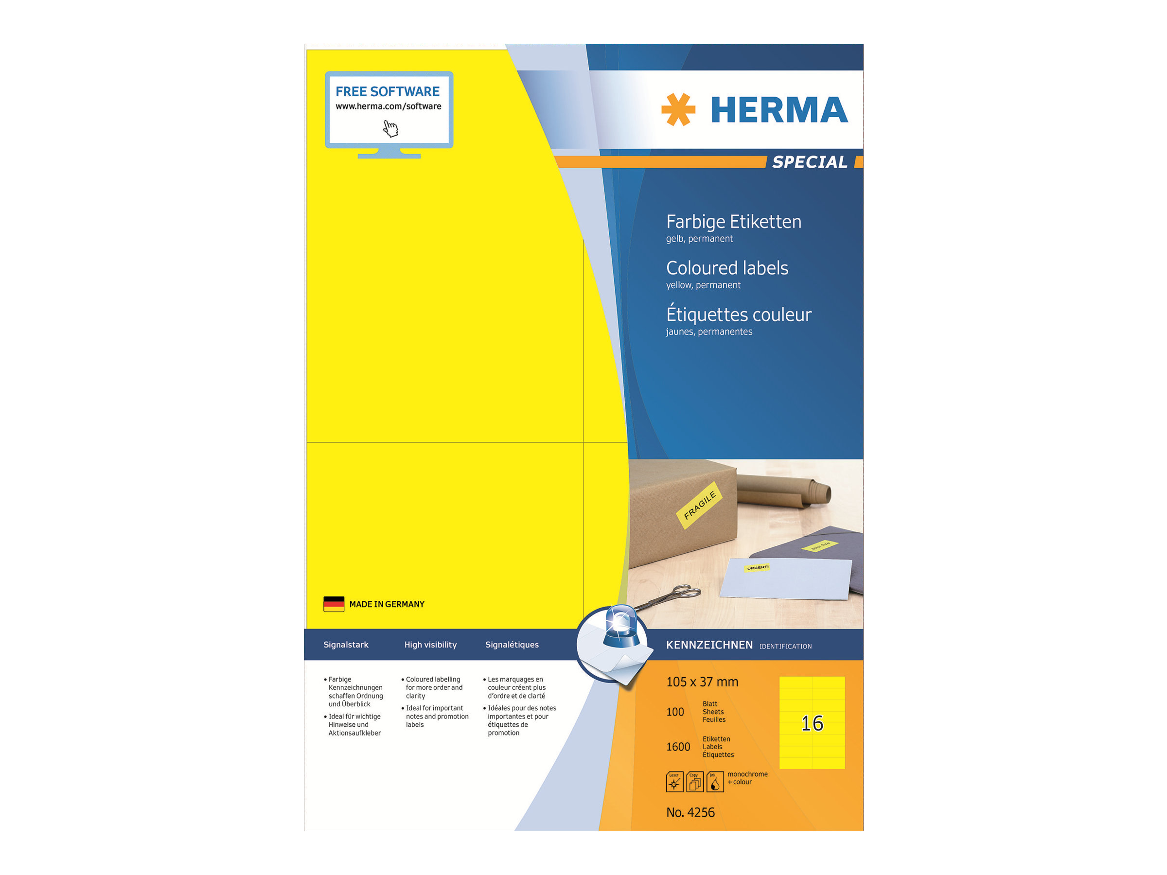 1.600 HERMA Etiketten 4256 gelb 105,0 x 37,0 mm
