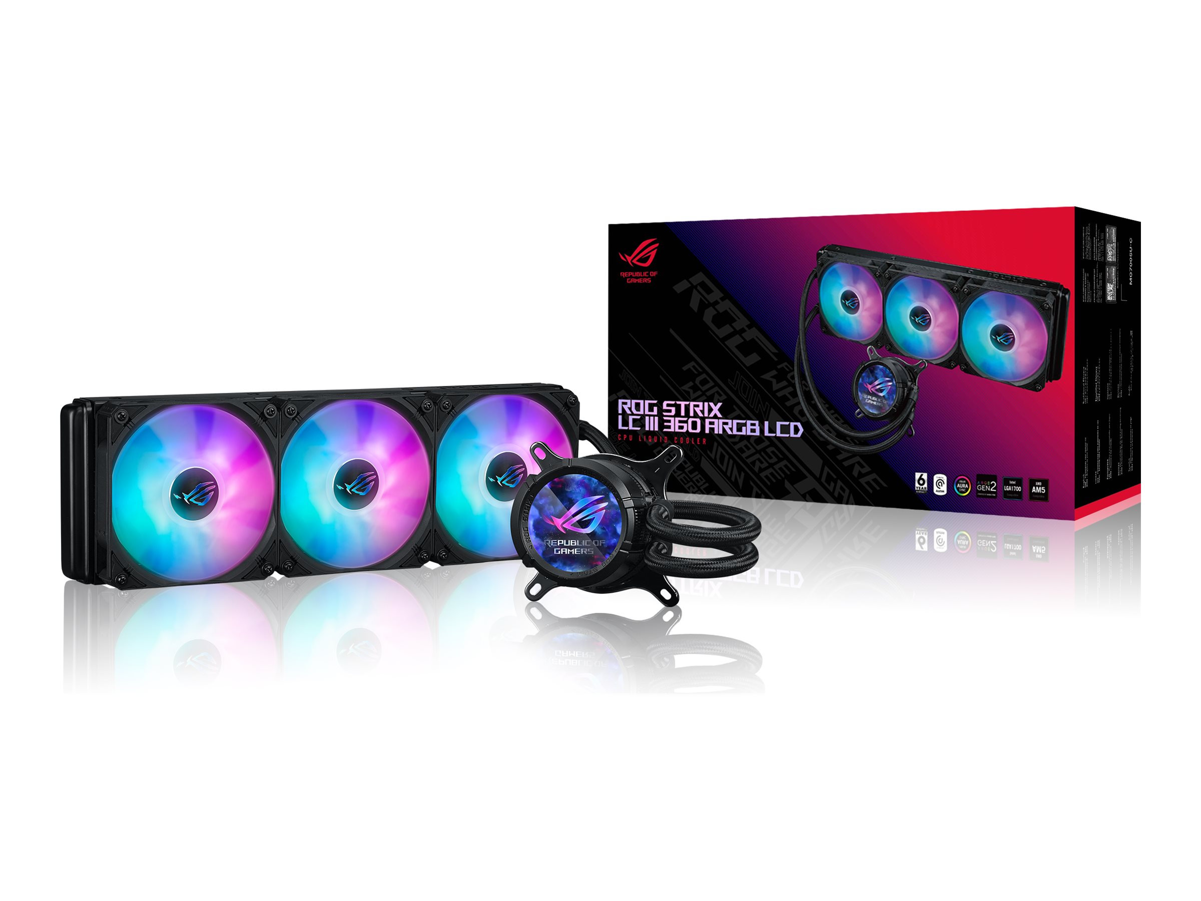 ASUS ROG Strix LC III ARGB LCD allinone CPU liquid cooler with 21 IPS LCD Aseteks new Gen7 v2 pump and premium ROG ARGB fans