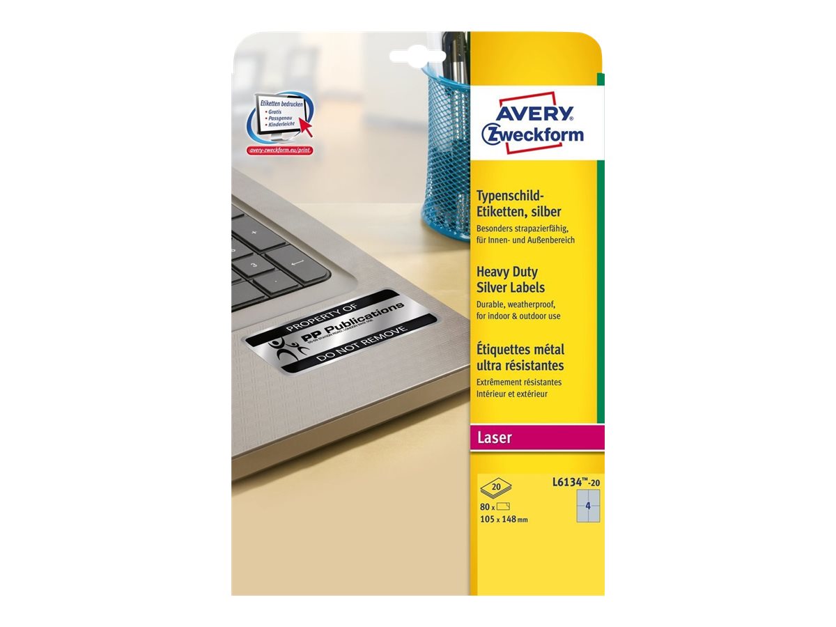 80 AVERY Zweckform Typenschildetiketten L6134-20 silber 105,0 x 148,0 mm 80 AVERY Zweckform Typenschildetiketten L6134-20 silber 105,0 x 148,0 mm