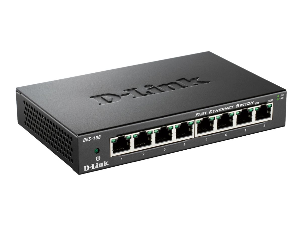 D-LINK DES-108 8?Port Layer2 Fast Ethernet Switch 8x 10/100 Mbit/s Metallgehaeuse Autosensing MDI/MDIX-Anpassung