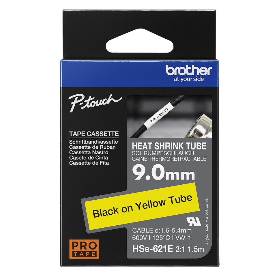 Brother HSe-621E Schrumpfschlauch 9 mm Schwarz auf Gelb