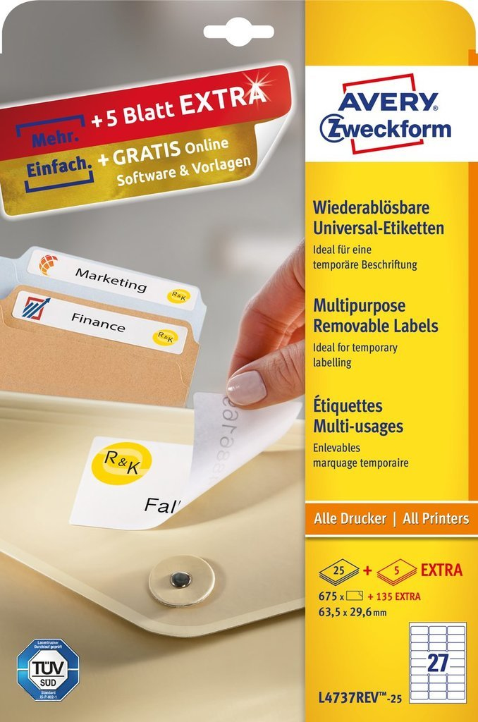 810 AVERY Zweckform Etiketten L4737REV-25 weiss 63,5 x 29,6 mm 810 AVERY Zweckform Etiketten L4737REV-25 weiss 63,5 x 29,6 mm