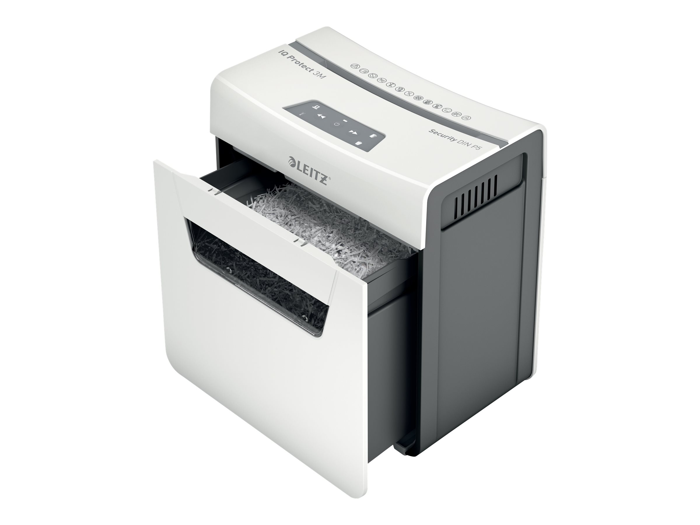 LEITZ IQ 3M Protect Premium Aktenvernichter mit Partikelschnitt P-5, 2 x 15 mm, bis 3 Blatt, weiss LEITZ IQ 3M Protect Premium Aktenvernichter mit Partikelschnitt P-5, 2 x 15 mm, bis 3 Blatt, weiss