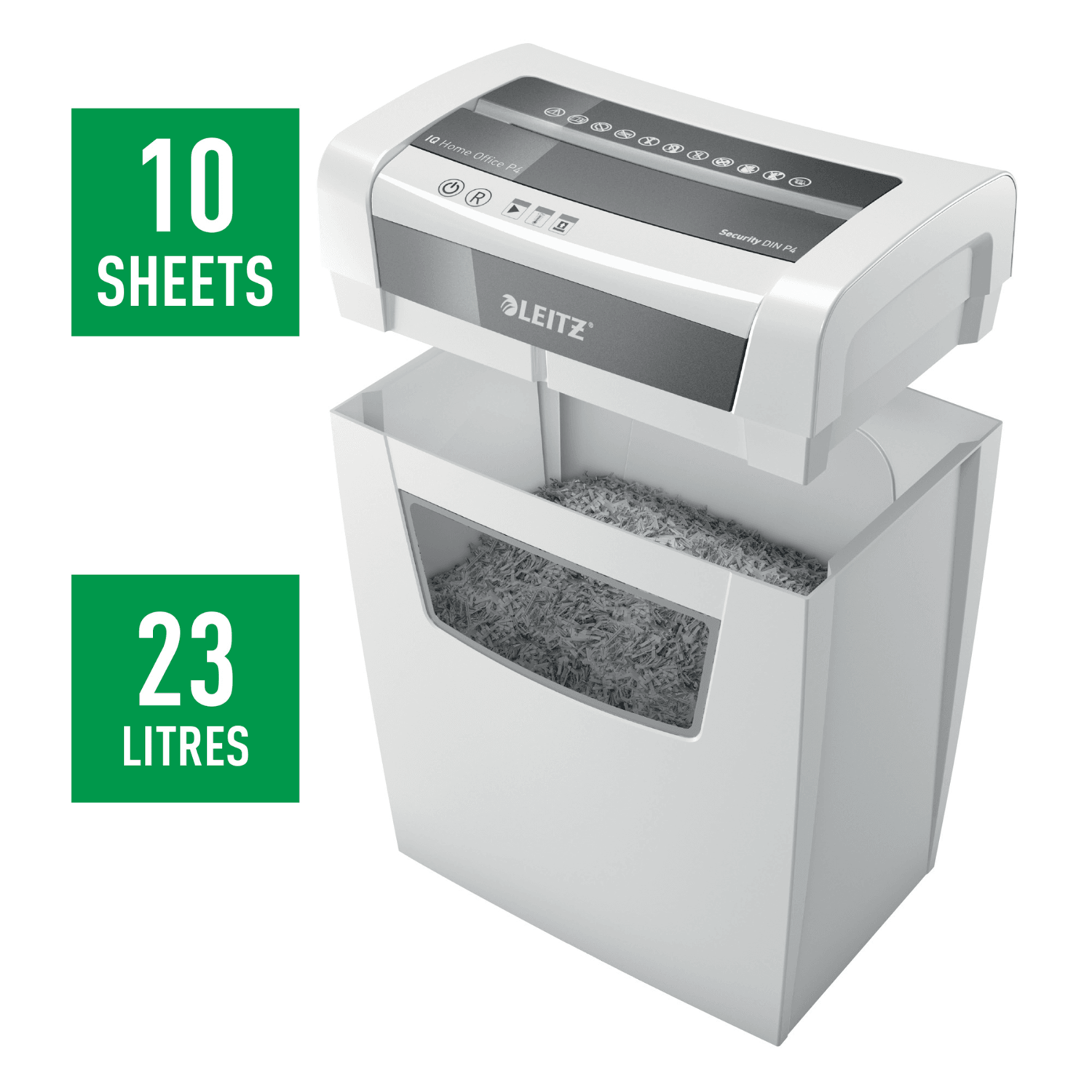 LEITZ IQ Home Office Aktenvernichter mit Partikelschnitt P4, 4 x 28 mm, bis 10 Blatt, weiß