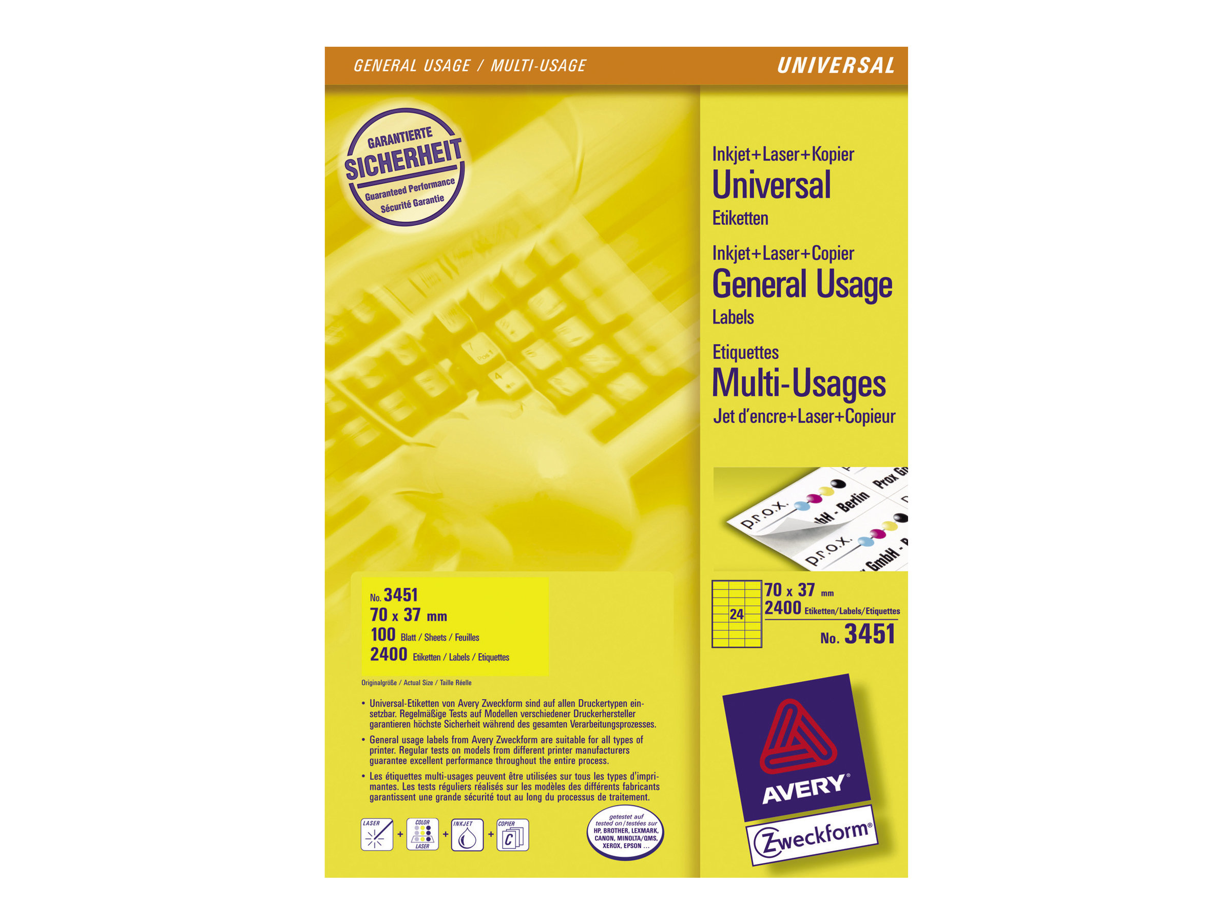 2.400 AVERY Zweckform Etiketten 3451 gelb 70,0 x 37,0 mm 2.400 AVERY Zweckform Etiketten 3451 gelb 70,0 x 37,0 mm