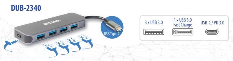 DLINK DUB2340 USBCHub 3x USBA 30 1x USBA 30 Fast Charge 1x USBC PD 30 mit Ladefunktion bis 60W