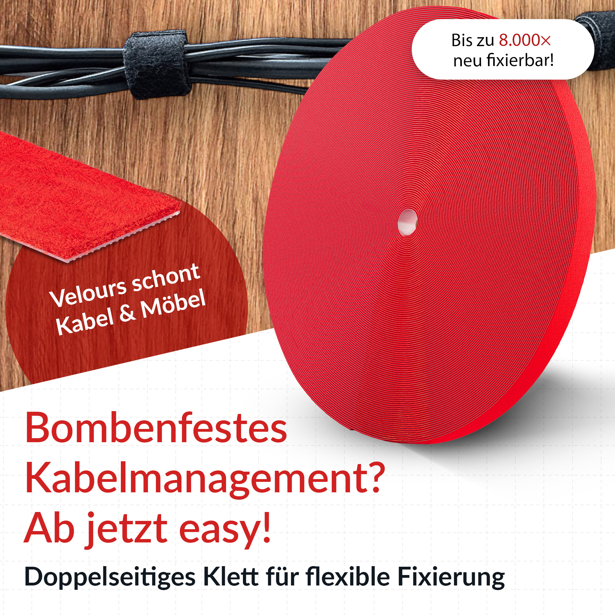 LABEL THE CABLE Klettband ROLL STRAP PRO rot 25,0 m x 1,6 cm, 1 St