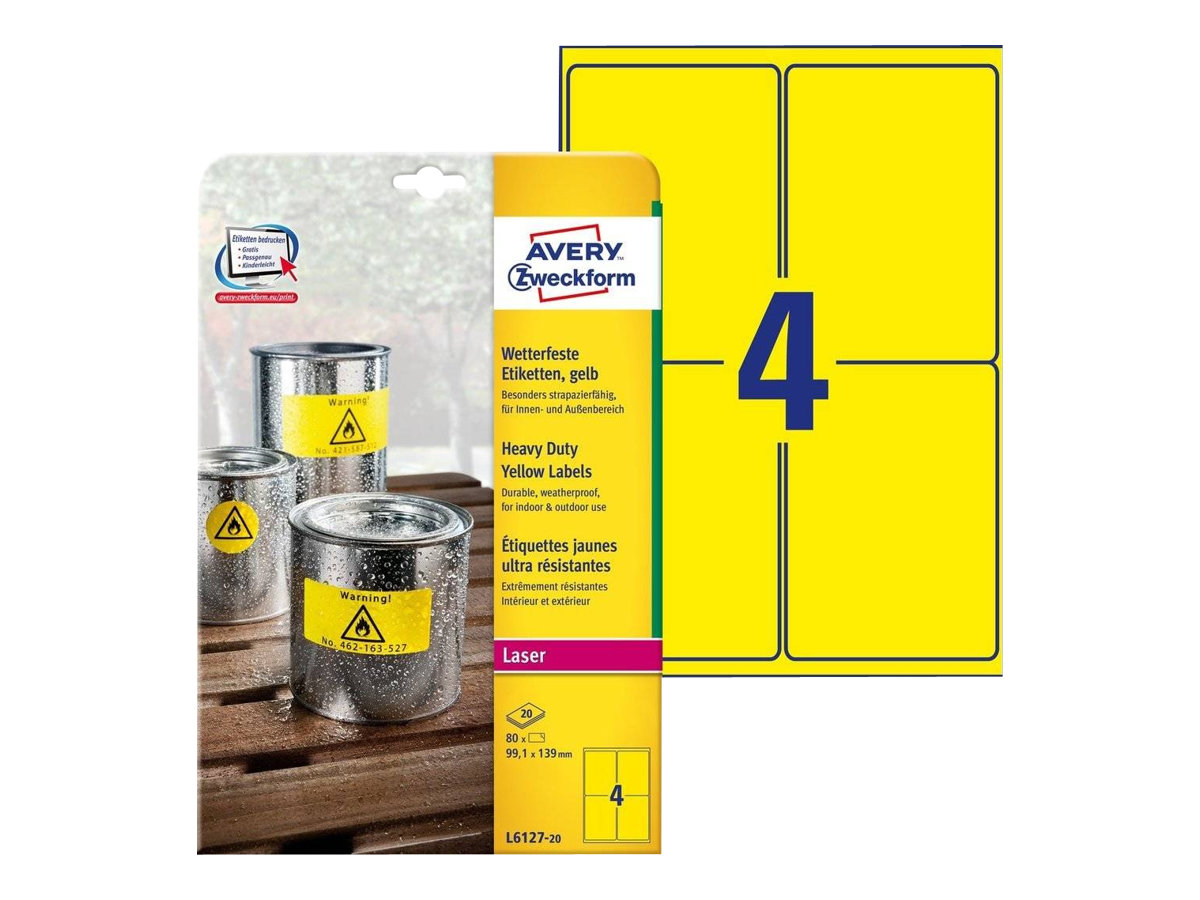 80 AVERY Zweckform wetterfeste Folienetiketten L6127-20 gelb 99,1 x 139,0 mm 80 AVERY Zweckform wetterfeste Folienetiketten L6127-20 gelb 99,1 x 139,0 mm