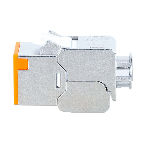 INTELLINET Cat6a 10G Slimline KeystoneModul STP werkzeuglos mit Rastclip für Massivdraht vergoldete Kontakte Metallgehäuse orange