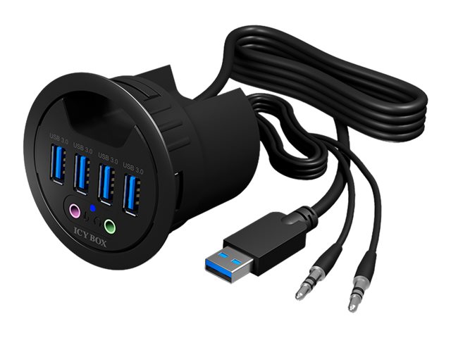 ICY BOX IB-Hub1403a Tisch-Hub mit 4x USB 3.0 mit bis zu 5 Gbit/s und Audio Ein-/Ausgang Kabeldurchfuehrung fuer 60 cm ICY BOX IB-Hub1403a Tisch-Hub mit 4x USB 3.0 mit bis zu 5 Gbit/s und Audio Ein-/Ausgang Kabeldurchfuehrung fuer 60 cm