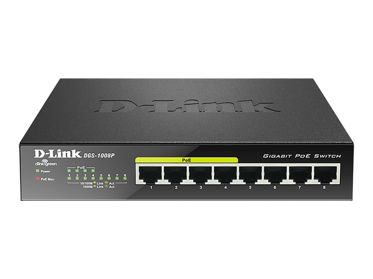 D-LINK DGS-1008P 8-Port Layer2 PoE Gigabit unm. Switch 8x 10/100/1000 Mbit/s BaseT Port (4x PoE+ Ports) 68W lüfterlos Metallgehäuse
