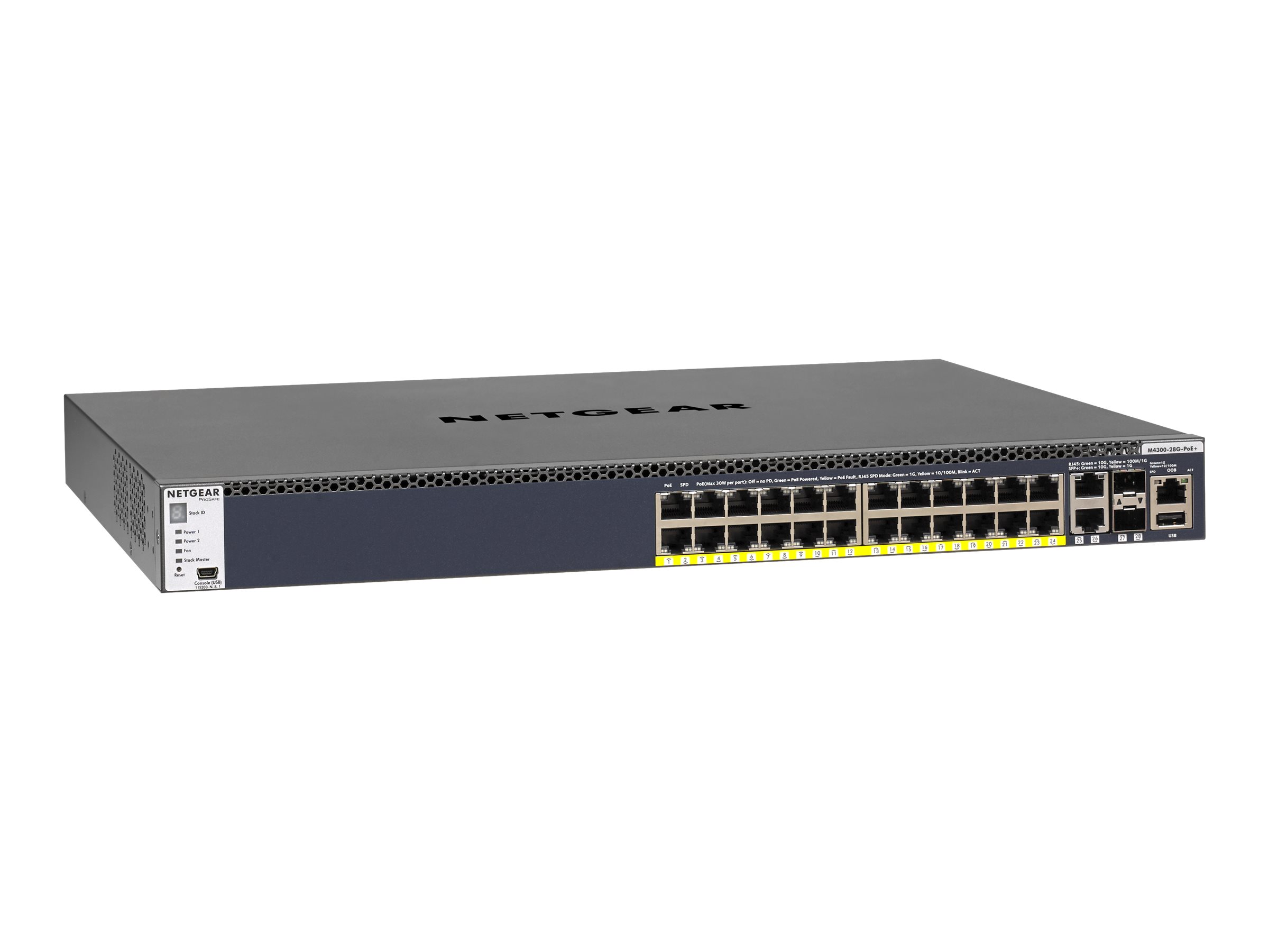 NETGEAR M4300-28G-PoE+ 1,000W PSU stackl.mgd.Switch mit 24x1G PoE+ and 4x10G incl. 2x10GBASE-T und 2xSFP+ Layer 3 GSM4328PB NETGEAR M4300-28G-PoE+ 1,000W PSU stackl.mgd.Switch mit 24x1G PoE+ and 4x10G incl. 2x10GBASE-T und 2xSFP+ Layer 3 GSM4328PB
